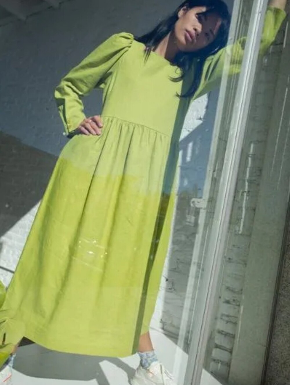 Maddie Midi Dress By Lisa Says Gah Linen Blend Lome Green Chartruece - Picture 6 of 7
